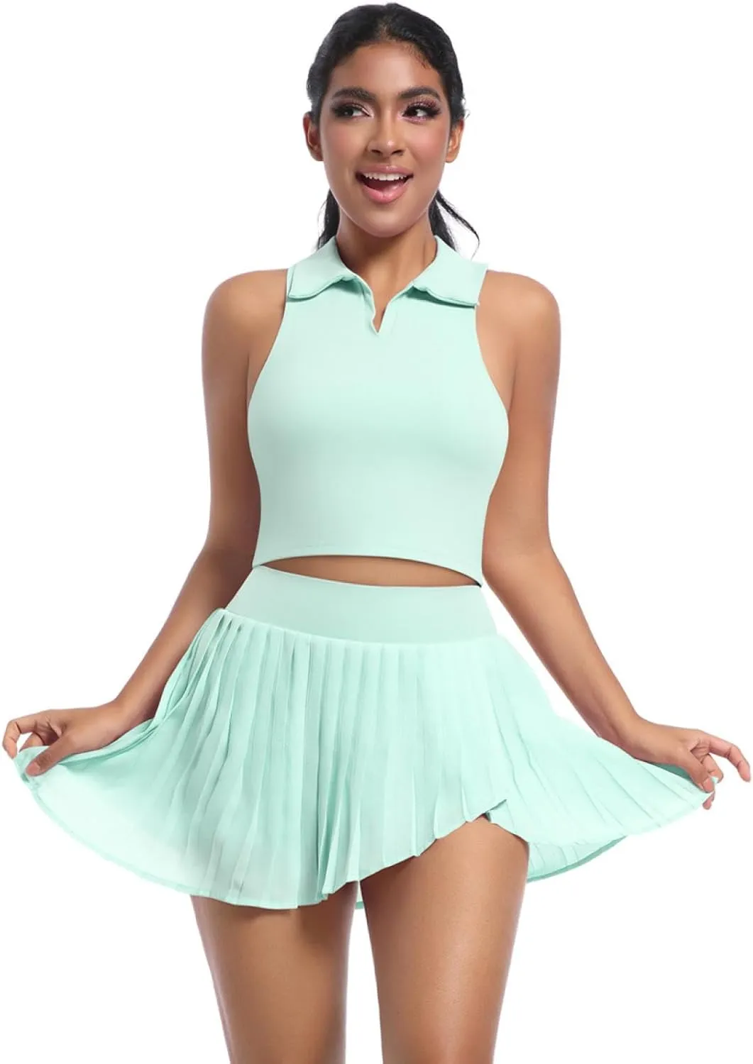 Solid color lapel vest breathable fake two-piece pleated skirt suit sports running fitness yoga wear