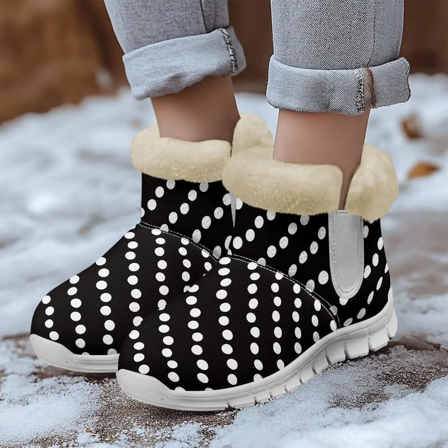 Winter Boots for Women White Sole Snow Boots Anti-Slip Outsole Ankle Boots Warm Fur Lining Mid Boot Walking Booties