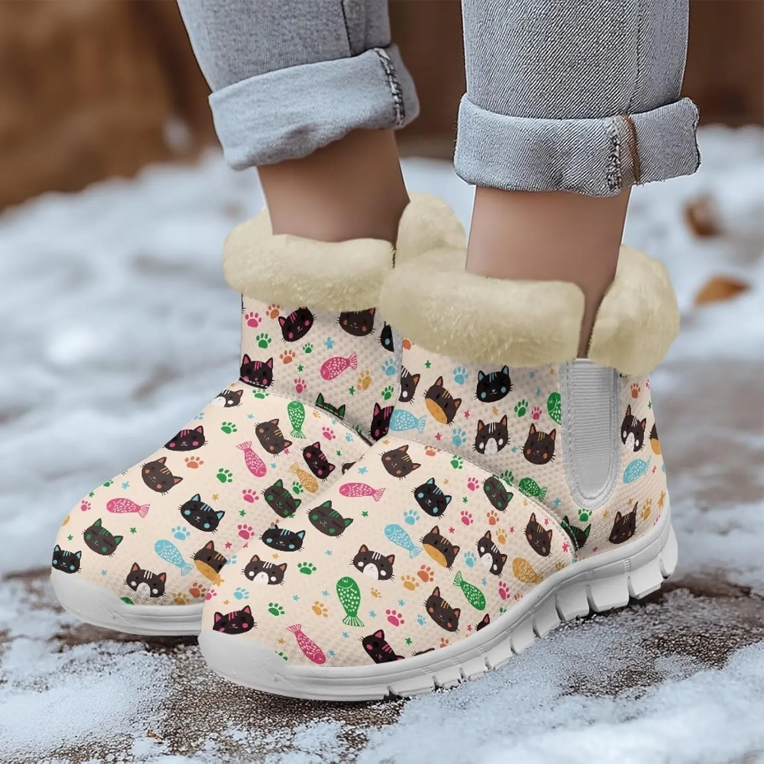 Winter Boots for Women White Sole Snow Boots Anti-Slip Outsole Ankle Boots Warm Fur Lining Mid Boot Walking Booties