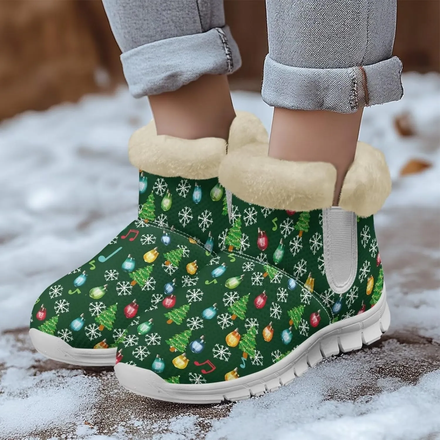 Winter Boots for Women White Sole Snow Boots Anti-Slip Outsole Ankle Boots Warm Fur Lining Mid Boot Walking Booties