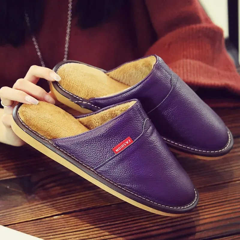 Winter Indoor Warm Wool Anti-Skid Leather Slippers for Men and Women