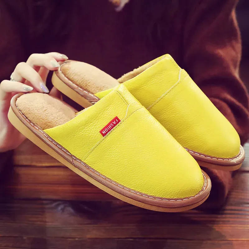 Winter Indoor Warm Wool Anti-Skid Leather Slippers for Men and Women