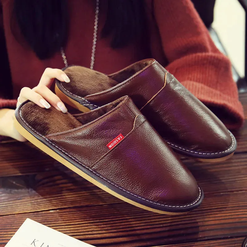 Winter Indoor Warm Wool Anti-Skid Leather Slippers for Men and Women