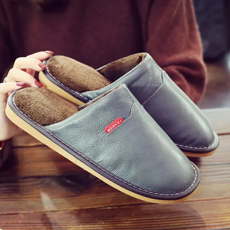 Winter Indoor Warm Wool Anti-Skid Leather Slippers for Men and Women