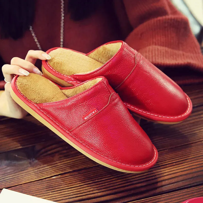Winter Indoor Warm Wool Anti-Skid Leather Slippers for Men and Women