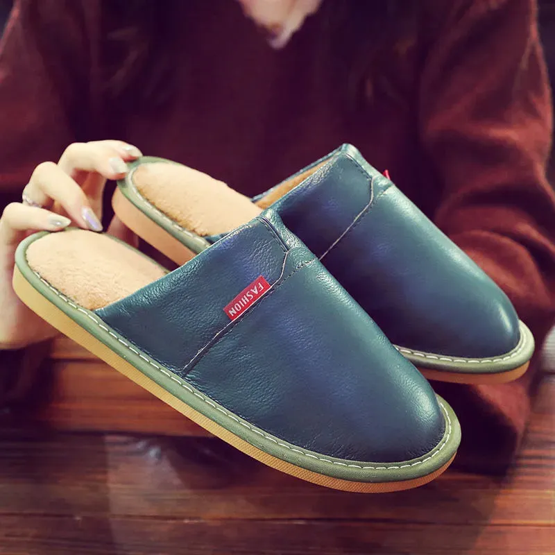 Winter Indoor Warm Wool Anti-Skid Leather Slippers for Men and Women