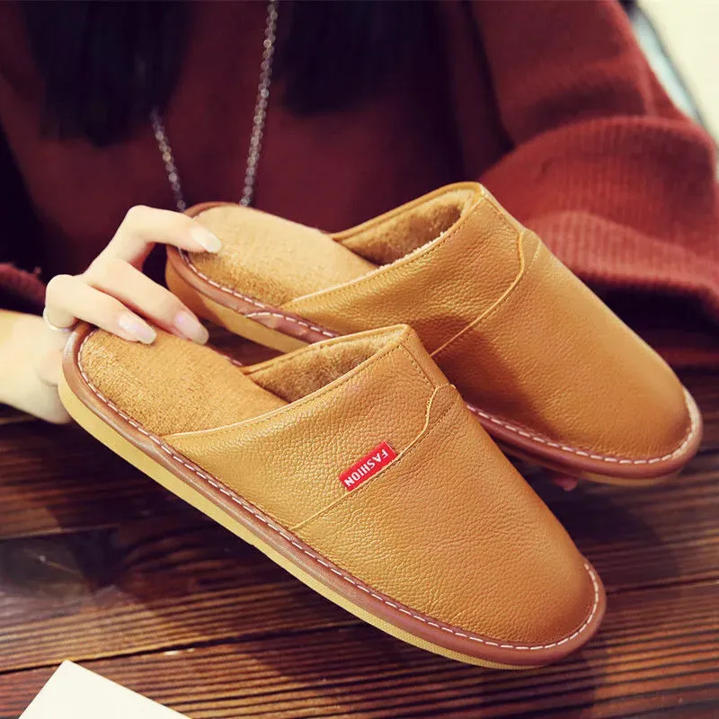 Winter Indoor Warm Wool Anti-Skid Leather Slippers for Men and Women