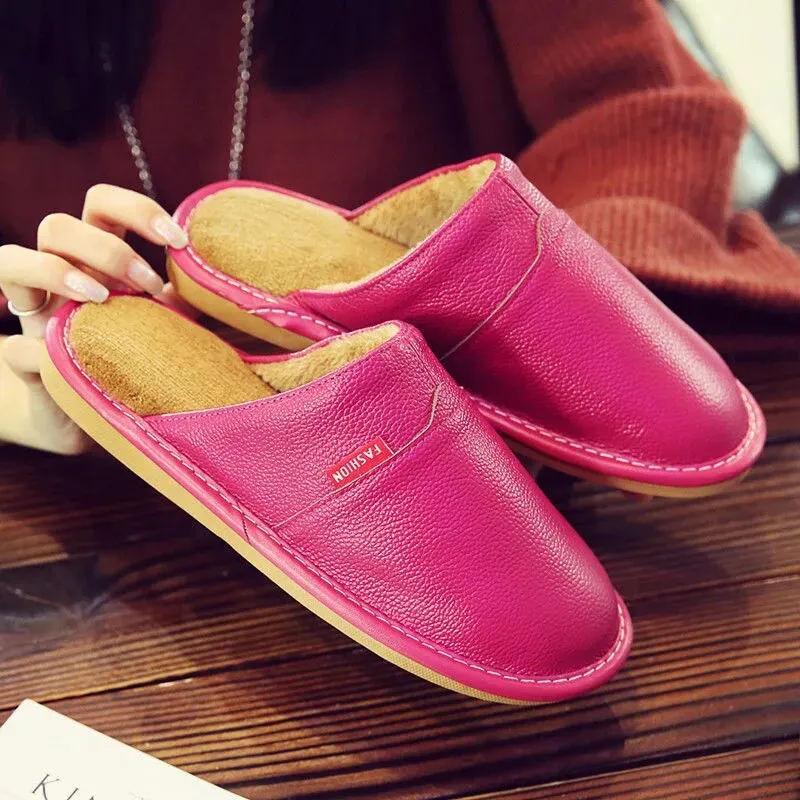 Winter Indoor Warm Wool Anti-Skid Leather Slippers for Men and Women