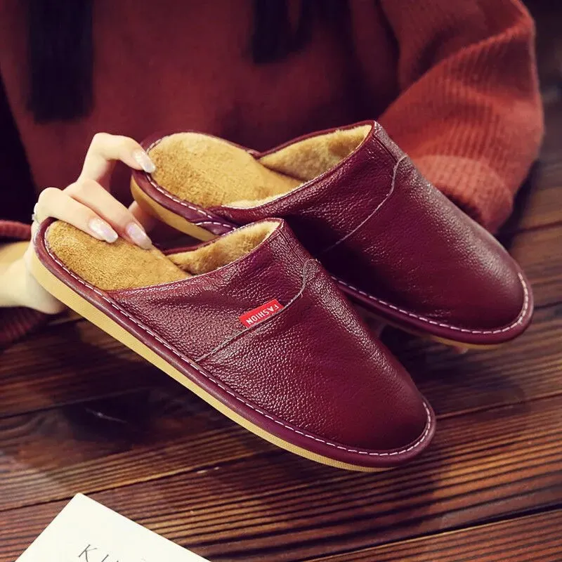 Winter Indoor Warm Wool Anti-Skid Leather Slippers for Men and Women