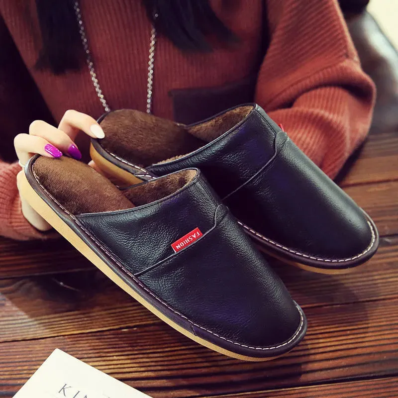 Winter Indoor Warm Wool Anti-Skid Leather Slippers for Men and Women