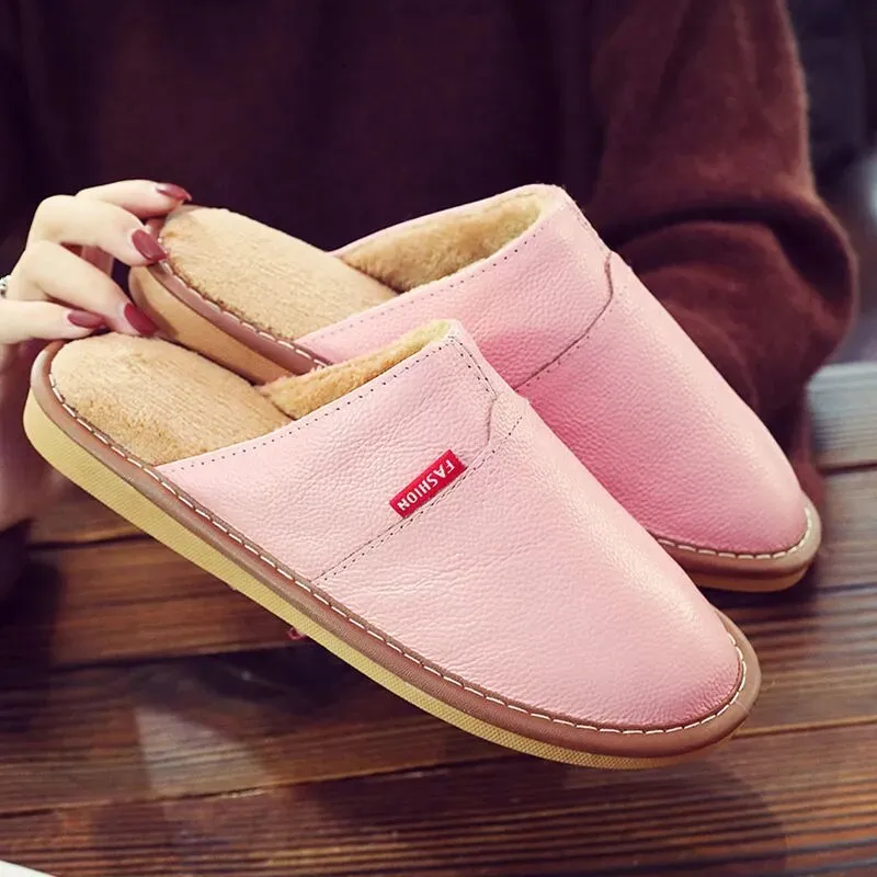 Winter Indoor Warm Wool Anti-Skid Leather Slippers for Men and Women