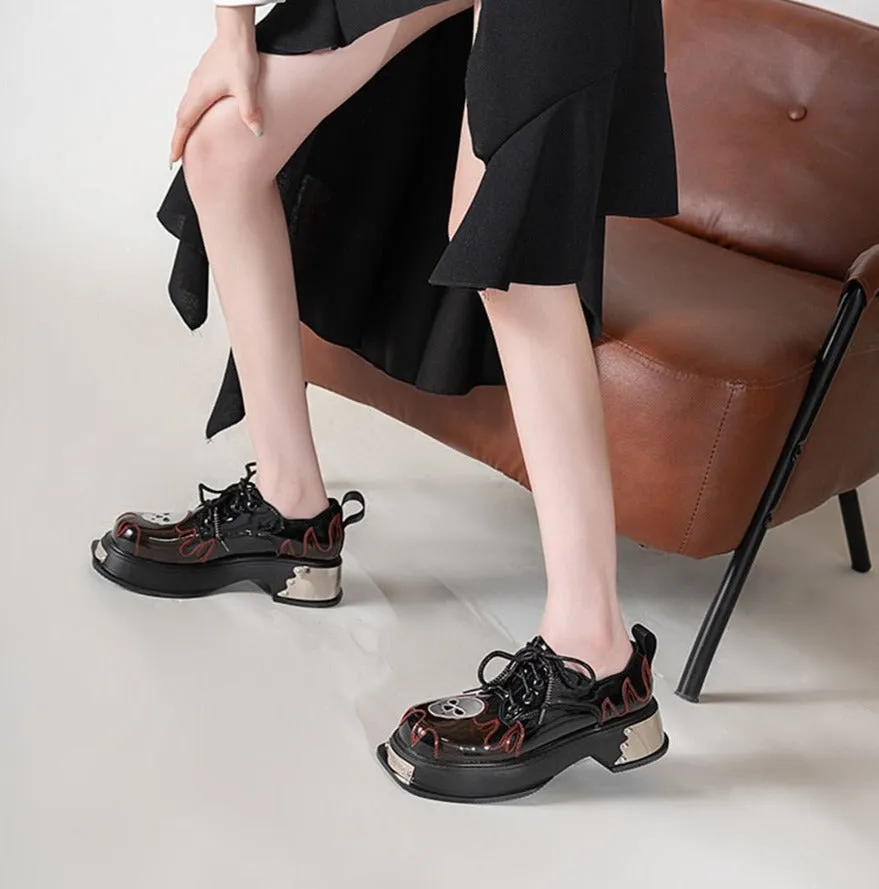 Women Goth Skull Patent Leather Oxford Platform Shoes