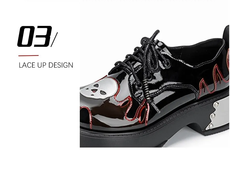 Women Goth Skull Patent Leather Oxford Platform Shoes