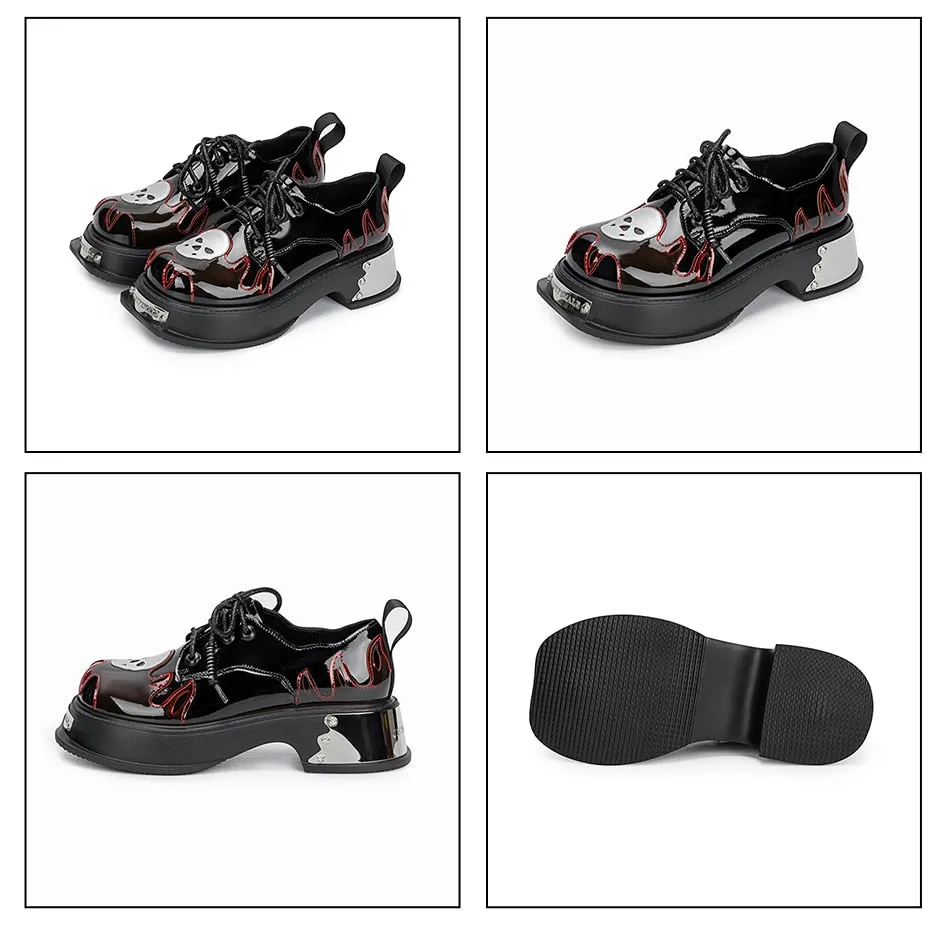 Women Goth Skull Patent Leather Oxford Platform Shoes