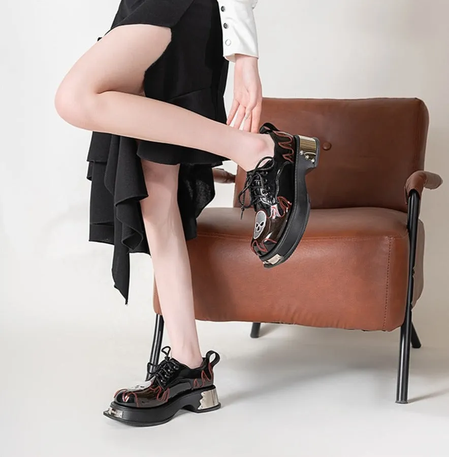 Women Goth Skull Patent Leather Oxford Platform Shoes