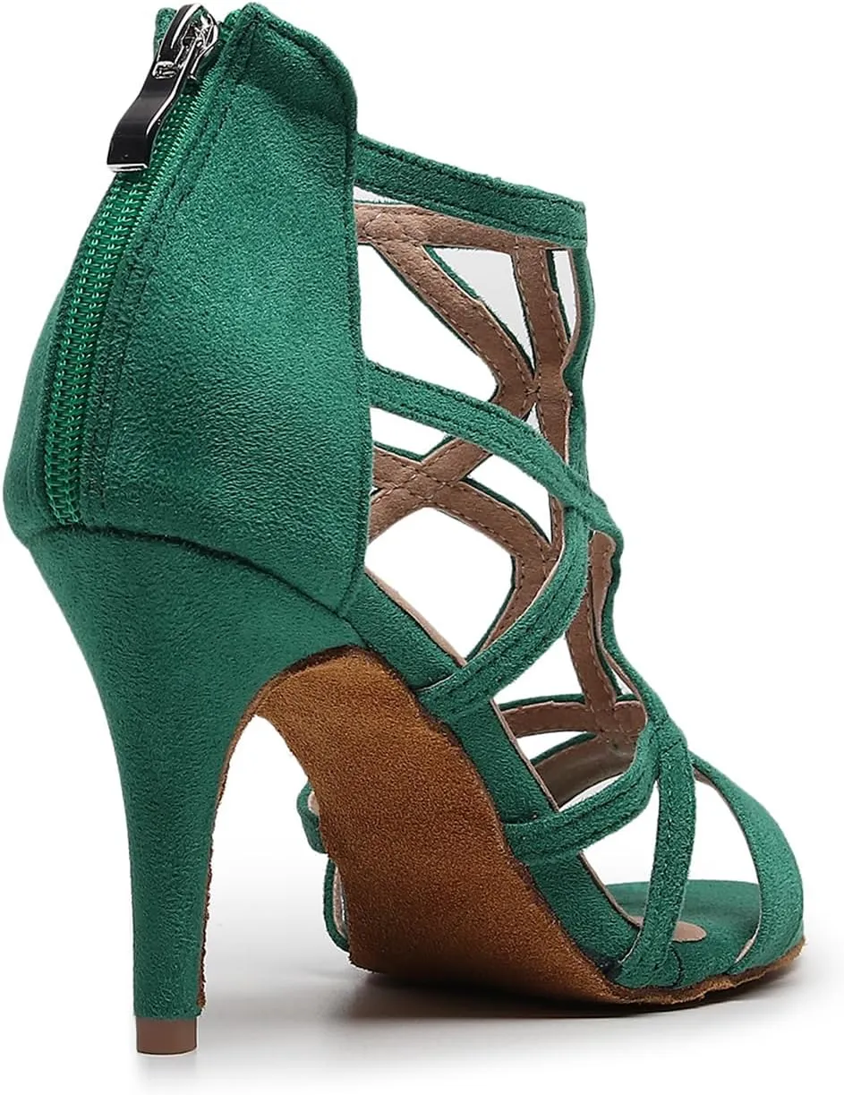 Women Latin Salsa Dance Shoes Open-Toe Dance Boots Ballroom Professional Party Dancing Heels, Model QJW-7277