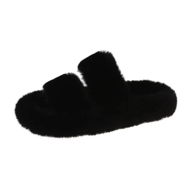 Women Winter Keep Warm Flat-Bottomed Inner Fur Furry Slippers for Indoor Outdoor