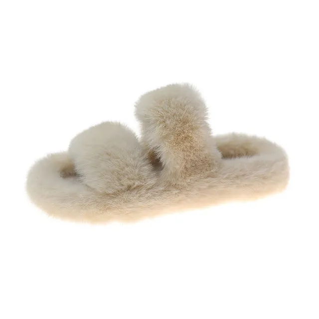 Women Winter Keep Warm Flat-Bottomed Inner Fur Furry Slippers for Indoor Outdoor