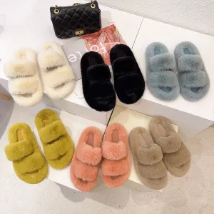Women Winter Keep Warm Flat-Bottomed Inner Fur Furry Slippers for Indoor Outdoor