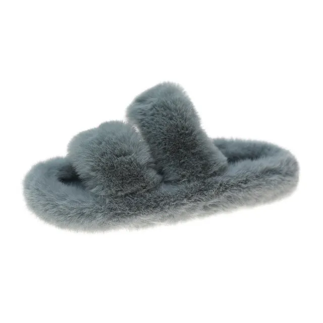 Women Winter Keep Warm Flat-Bottomed Inner Fur Furry Slippers for Indoor Outdoor