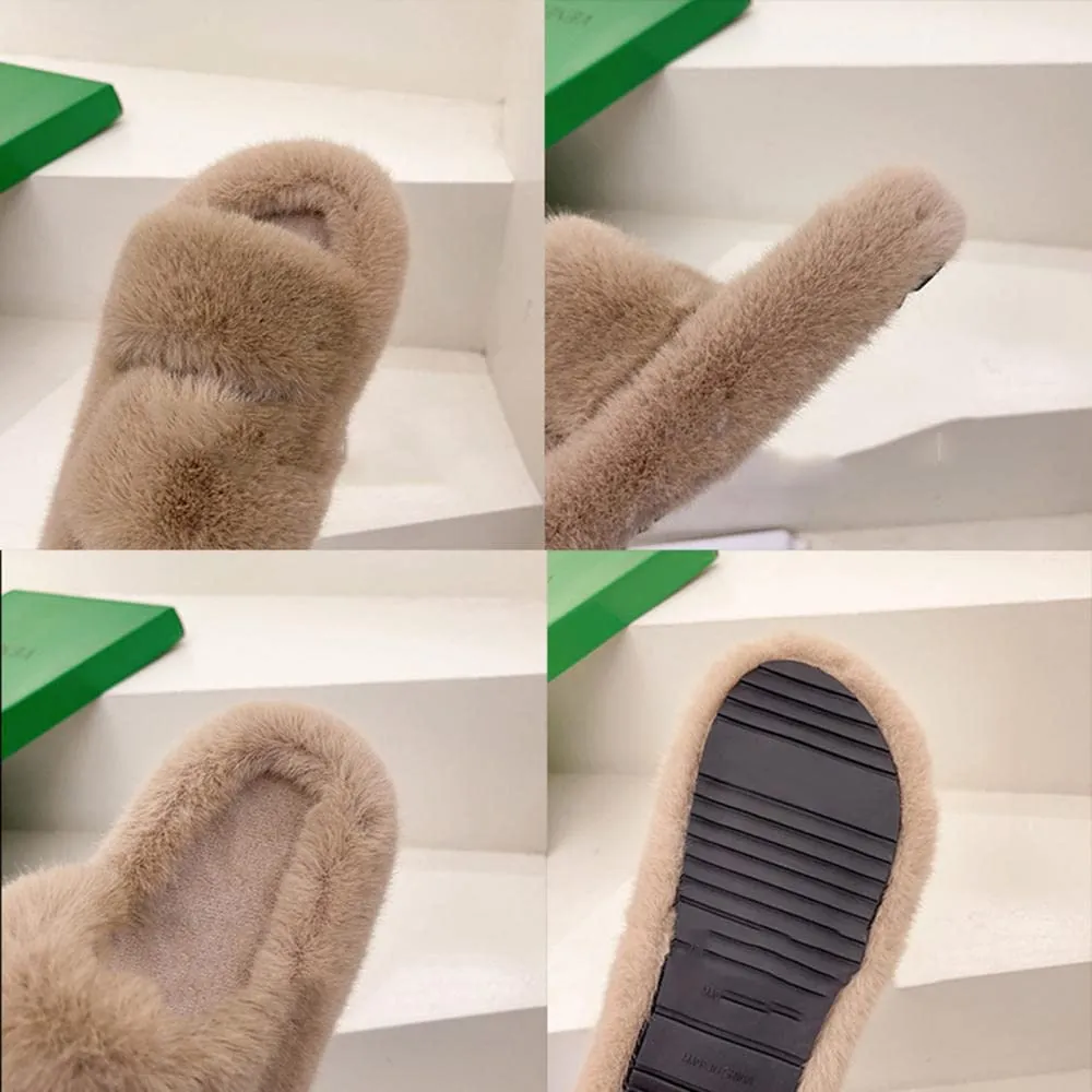 Women Winter Keep Warm Flat-Bottomed Inner Fur Furry Slippers for Indoor Outdoor