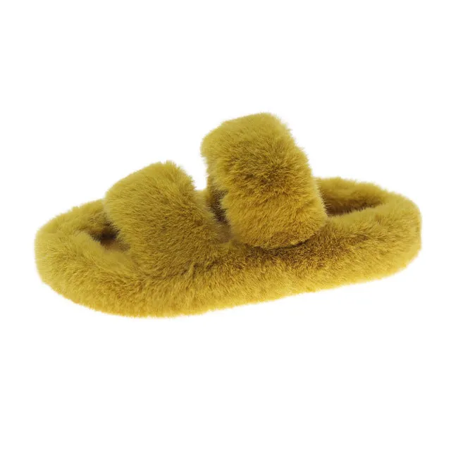 Women Winter Keep Warm Flat-Bottomed Inner Fur Furry Slippers for Indoor Outdoor