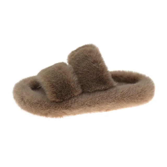 Women Winter Keep Warm Flat-Bottomed Inner Fur Furry Slippers for Indoor Outdoor