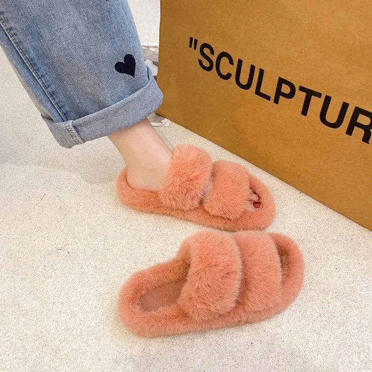 Women Winter Keep Warm Flat-Bottomed Inner Fur Furry Slippers for Indoor Outdoor