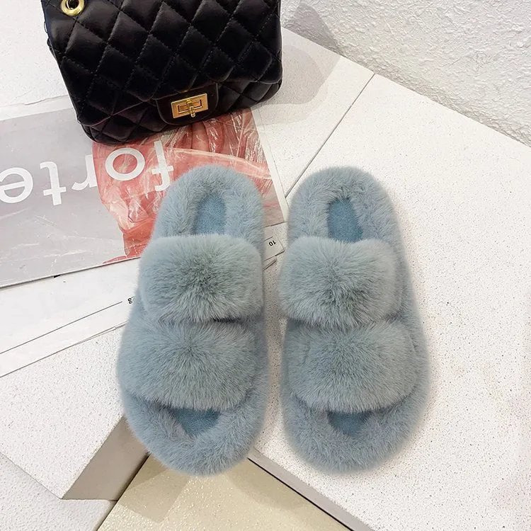 Women Winter Keep Warm Flat-Bottomed Inner Fur Furry Slippers for Indoor Outdoor