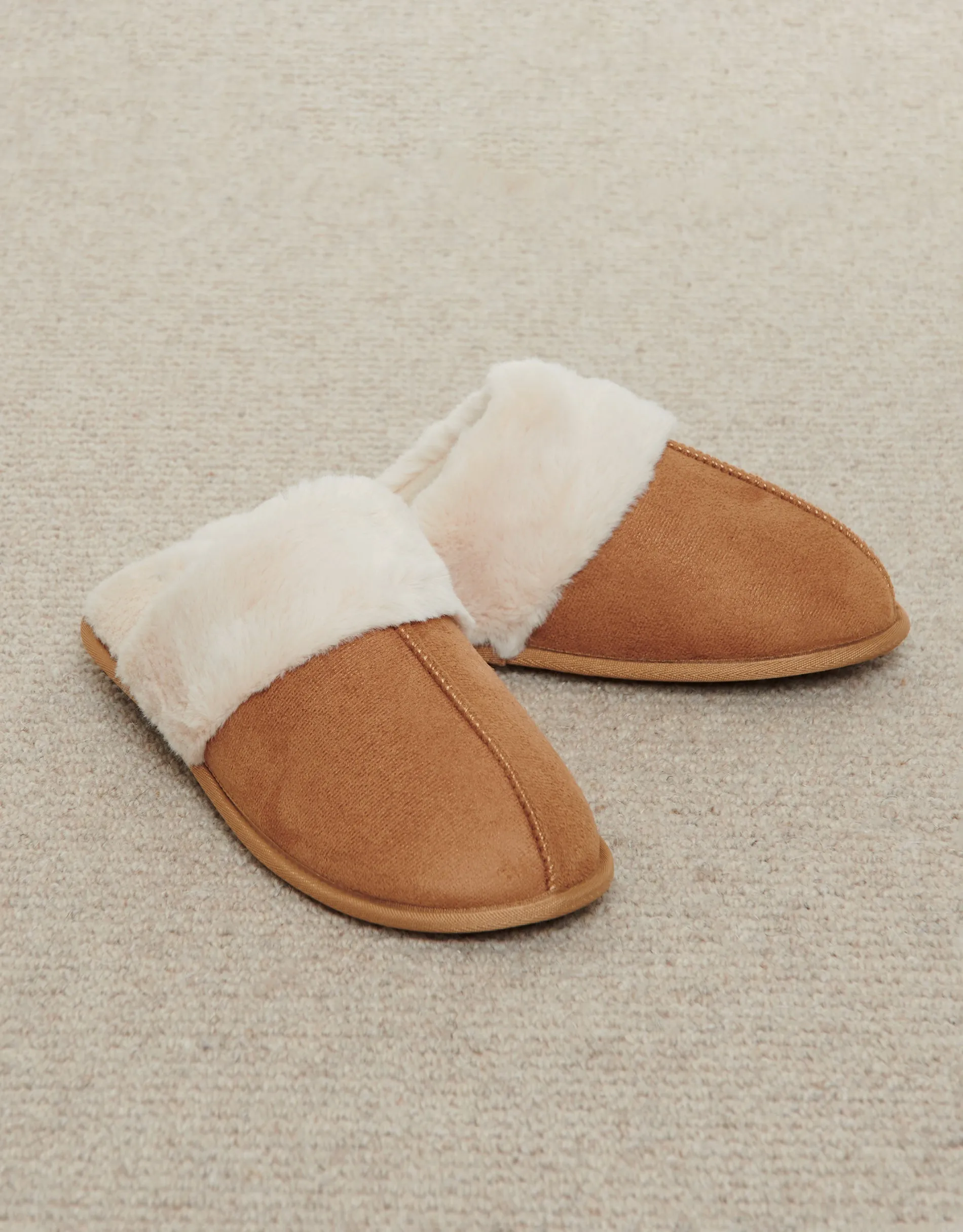Women's Brown Faux Suede Faux Fur Lined Mule Slippers