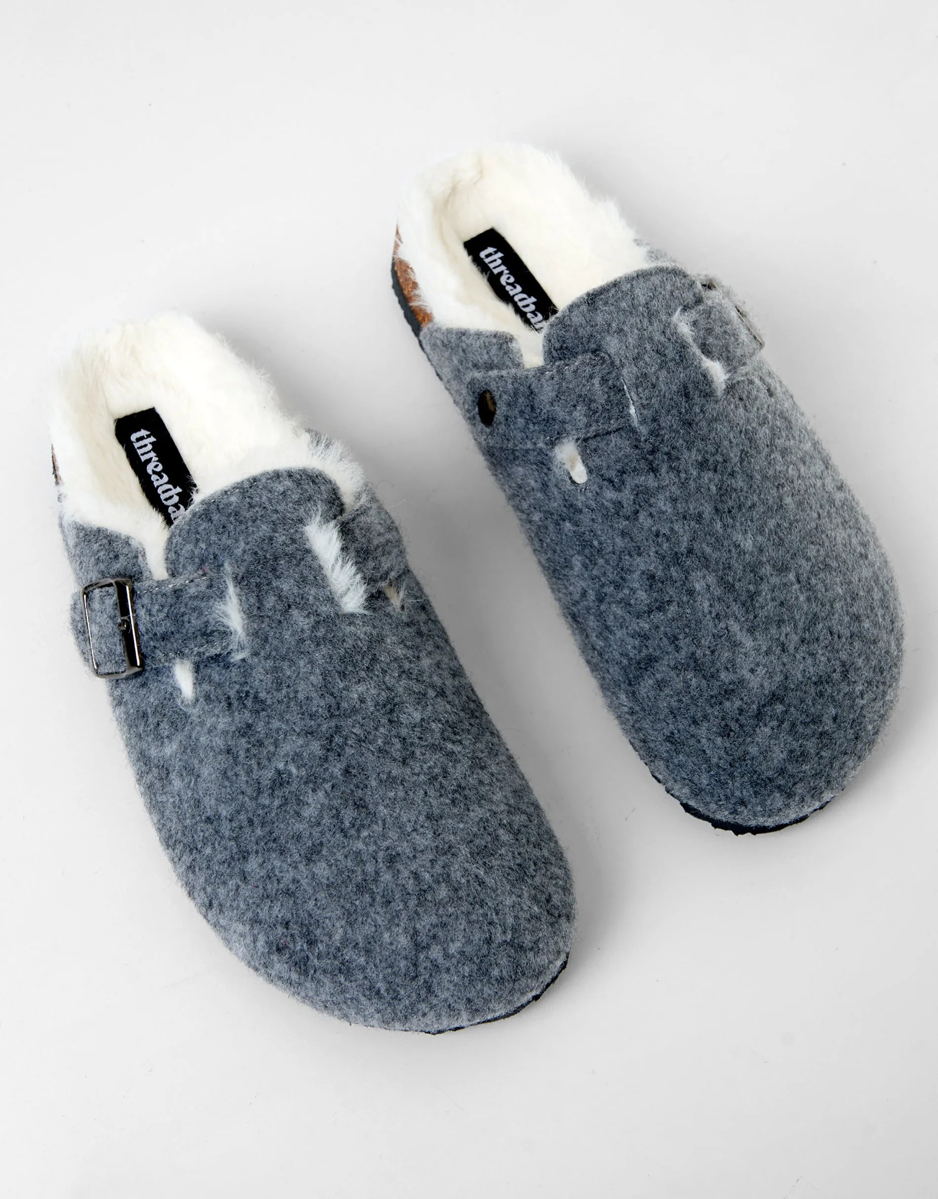 Women's Charcoal Felt Faux Fur Lined Clog Mule Slippers