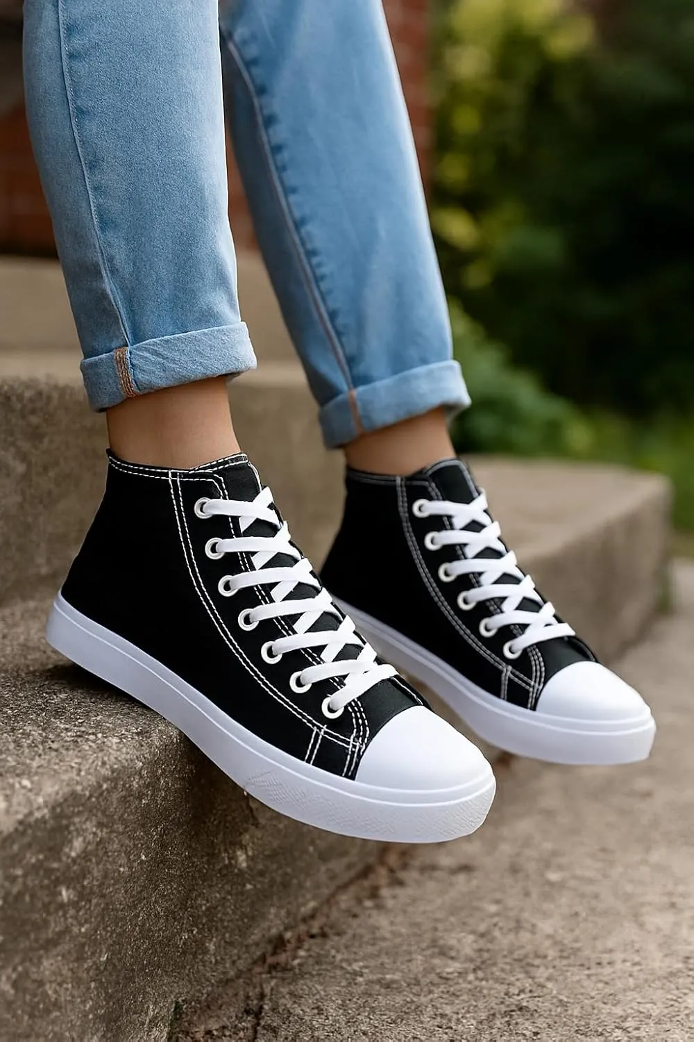 Women's High-Top Canvas Sneakers ?C Classic Lace-Up Casual Shoes with Extra Shoelaces ?C Comfortable, Stylish, and Durable
