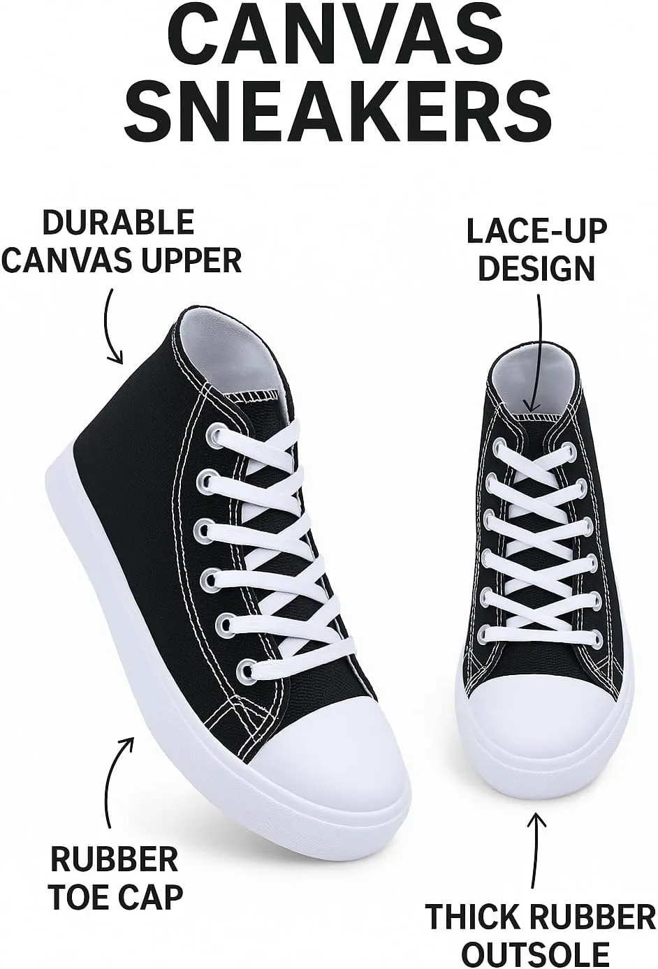 Women's High-Top Canvas Sneakers ?C Classic Lace-Up Casual Shoes with Extra Shoelaces ?C Comfortable, Stylish, and Durable