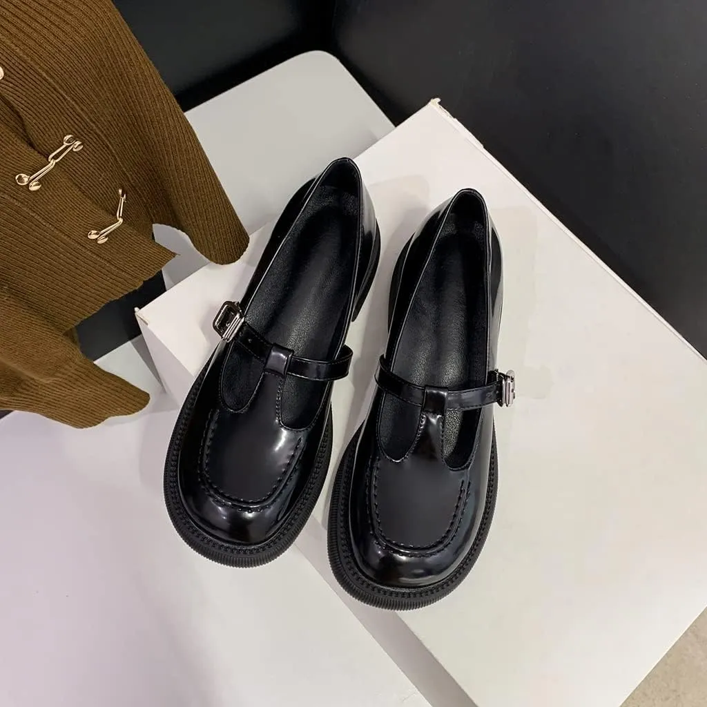Women's Mary Jane T-Strap Oxford Shoes Flats Vintage Square Toe Leather Low Heel Girls Dress Shoe
