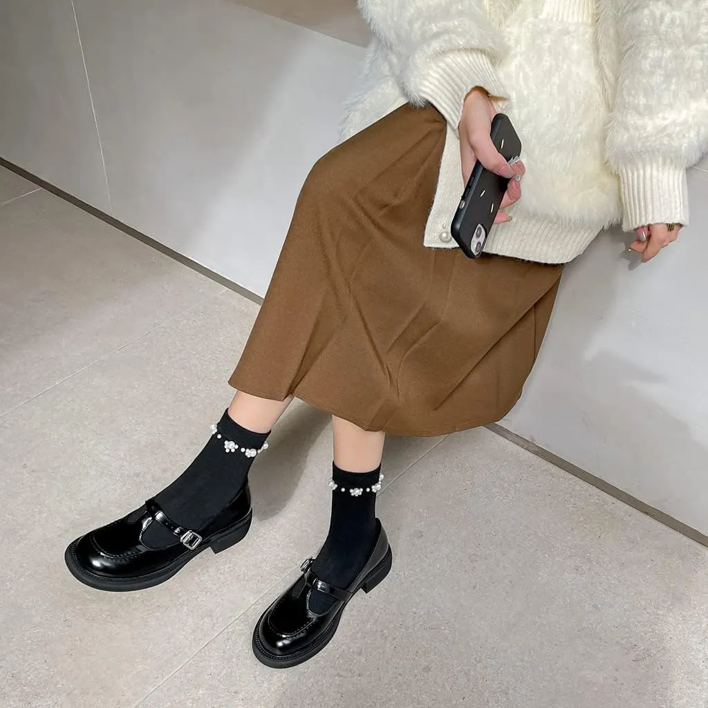 Women's Mary Jane T-Strap Oxford Shoes Flats Vintage Square Toe Leather Low Heel Girls Dress Shoe