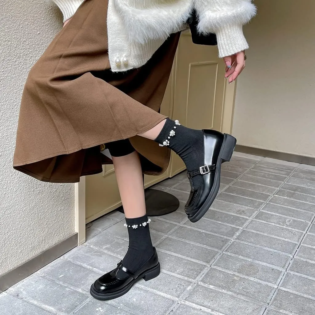 Women's Mary Jane T-Strap Oxford Shoes Flats Vintage Square Toe Leather Low Heel Girls Dress Shoe