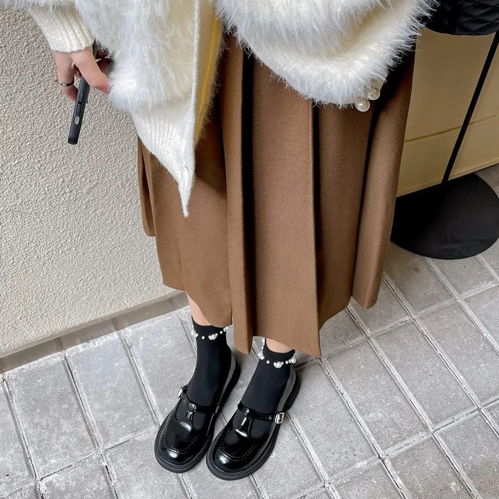 Women's Mary Jane T-Strap Oxford Shoes Flats Vintage Square Toe Leather Low Heel Girls Dress Shoe