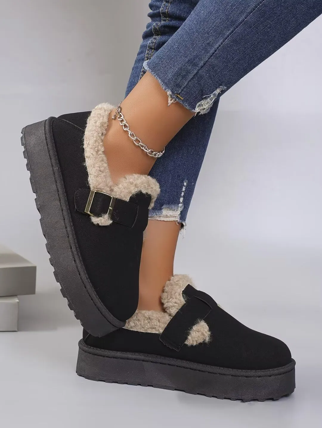 Women's Mules Suede Thick Sole Slippers Fleece Lined Snow Shoes Slip On Garden Clogs Indoor and Outdoor