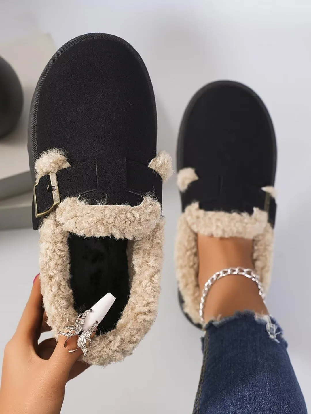 Women's Mules Suede Thick Sole Slippers Fleece Lined Snow Shoes Slip On Garden Clogs Indoor and Outdoor