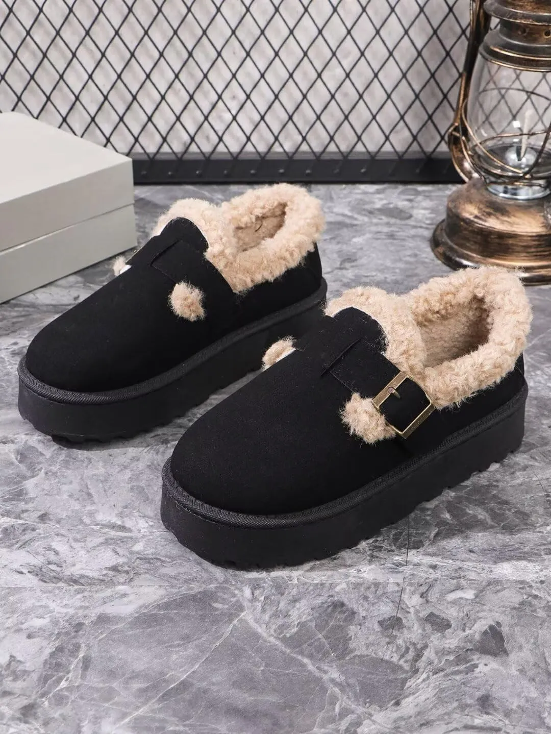 Women's Mules Suede Thick Sole Slippers Fleece Lined Snow Shoes Slip On Garden Clogs Indoor and Outdoor