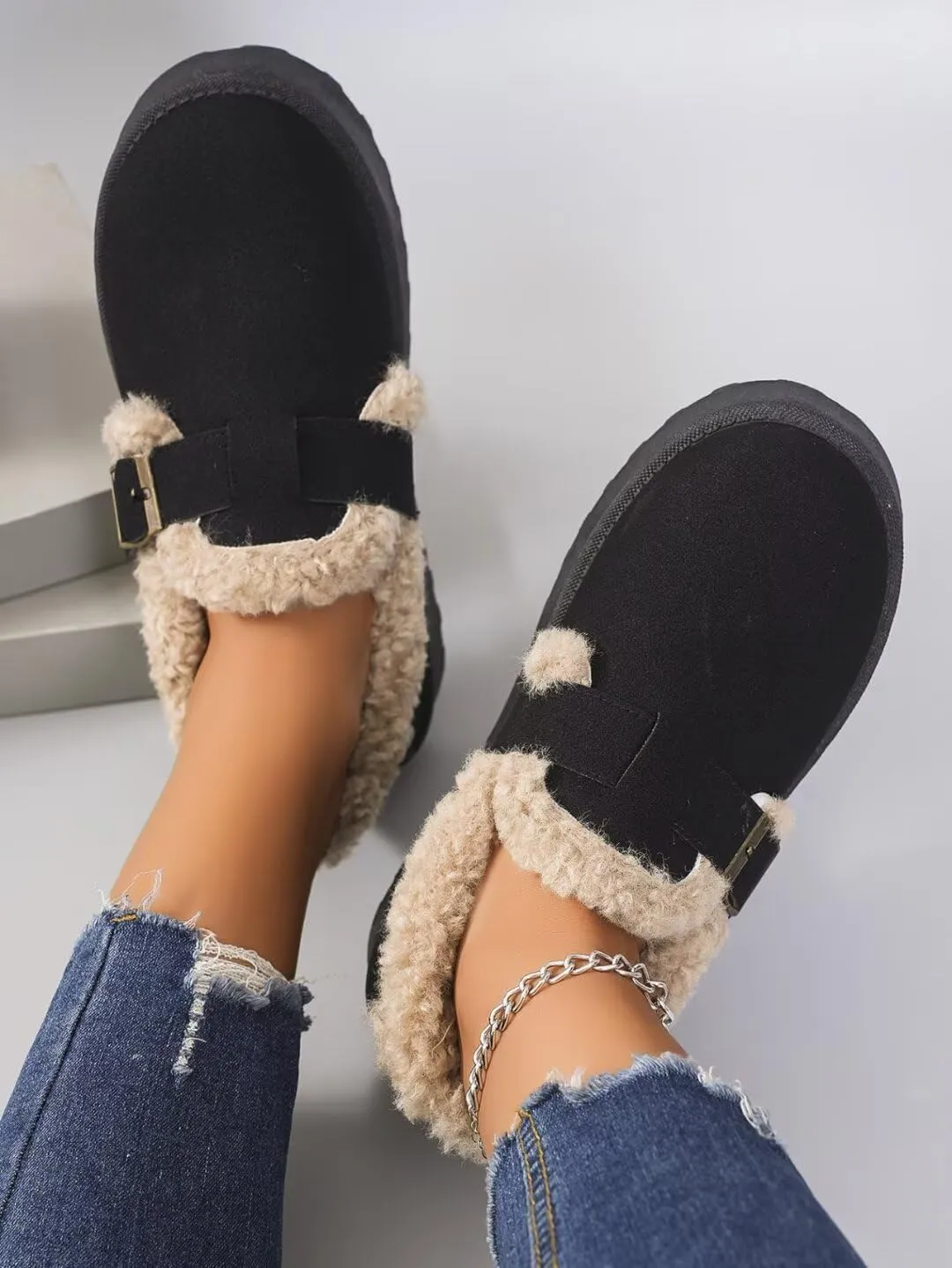 Women's Mules Suede Thick Sole Slippers Fleece Lined Snow Shoes Slip On Garden Clogs Indoor and Outdoor