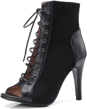 YKXLM Ballroom Dance Boots Women Latin Salsa Peep Toe Lace-up Ankle Dance Shoes,B53,4 inch Heel.5,Black,5 US