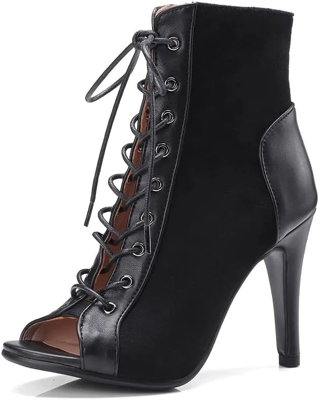 YKXLM Ballroom Dance Boots Women Latin Salsa Peep Toe Lace-up Ankle Dance Shoes,B53,4 inch Heel.5,Black,5 US