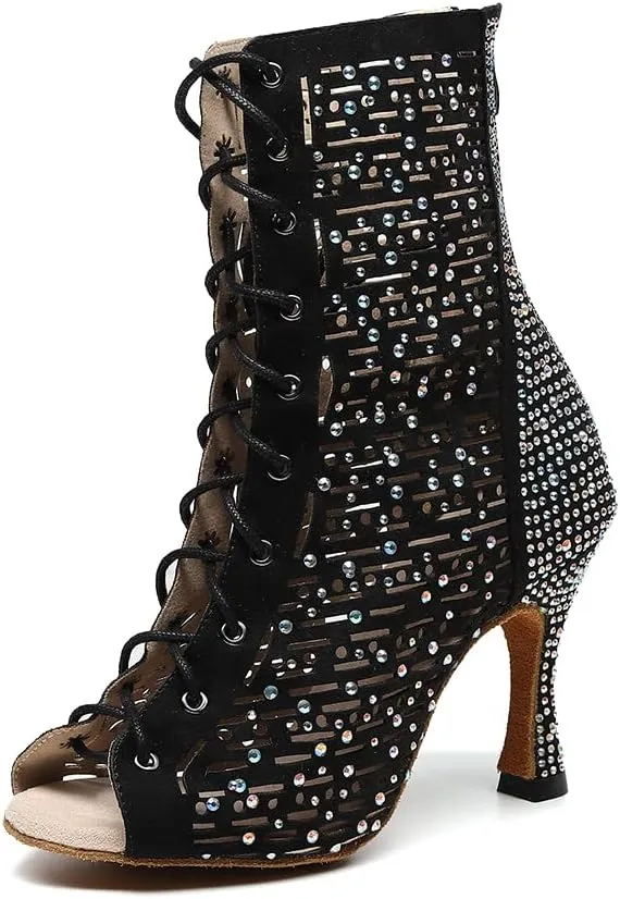 YKXLM Ballroom Dance Shoes for Women Latin Salsa Tango Dance Boots Peep Toe with Rhinestones,9008