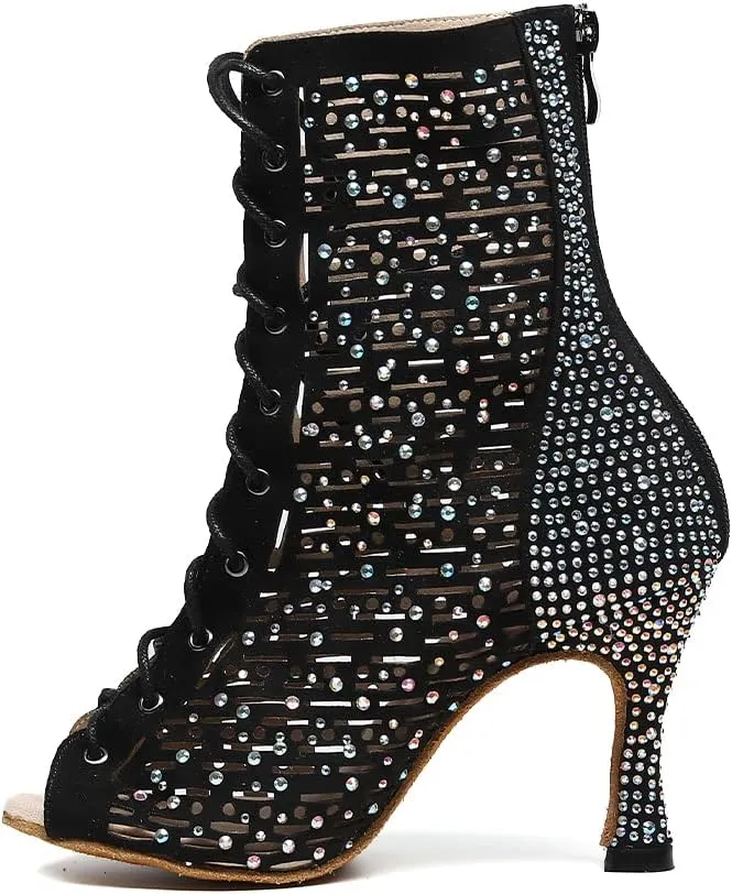 YKXLM Ballroom Dance Shoes for Women Latin Salsa Tango Dance Boots Peep Toe with Rhinestones,9008