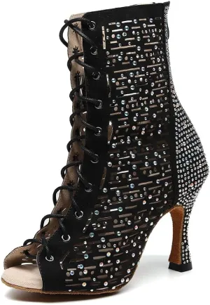 YKXLM Ballroom Dance Shoes for Women Latin Salsa Tango Dance Boots Peep Toe with Rhinestones,9008