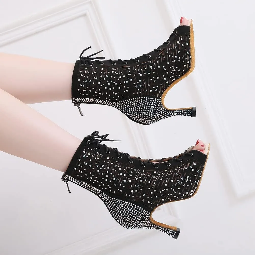 YKXLM Ballroom Dance Shoes for Women Latin Salsa Tango Dance Boots Peep Toe with Rhinestones,9008