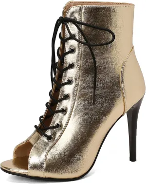 YKXLM Latin Dance Boots Salsa Women Ballroom Lace-up Ankle Open Toe Dance Shoes,9676-1,Gold,8.5US