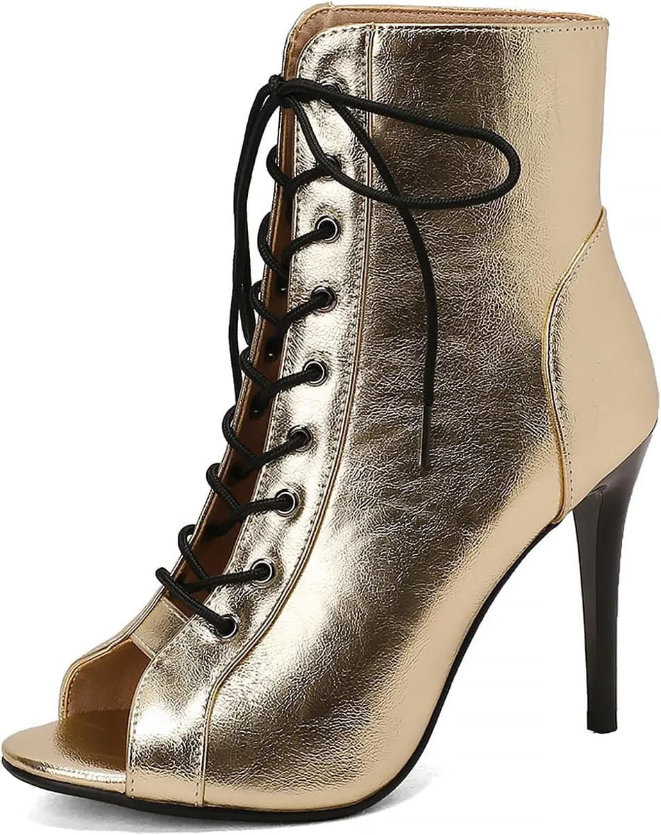 YKXLM Latin Dance Boots Salsa Women Ballroom Lace-up Ankle Open Toe Dance Shoes,9676-1,Gold,8.5US