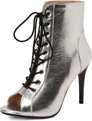 YKXLM Latin Dance Boots Salsa Women Ballroom Lace-up Ankle Open Toe Dance Shoes,9676-1,Silver,6.5US